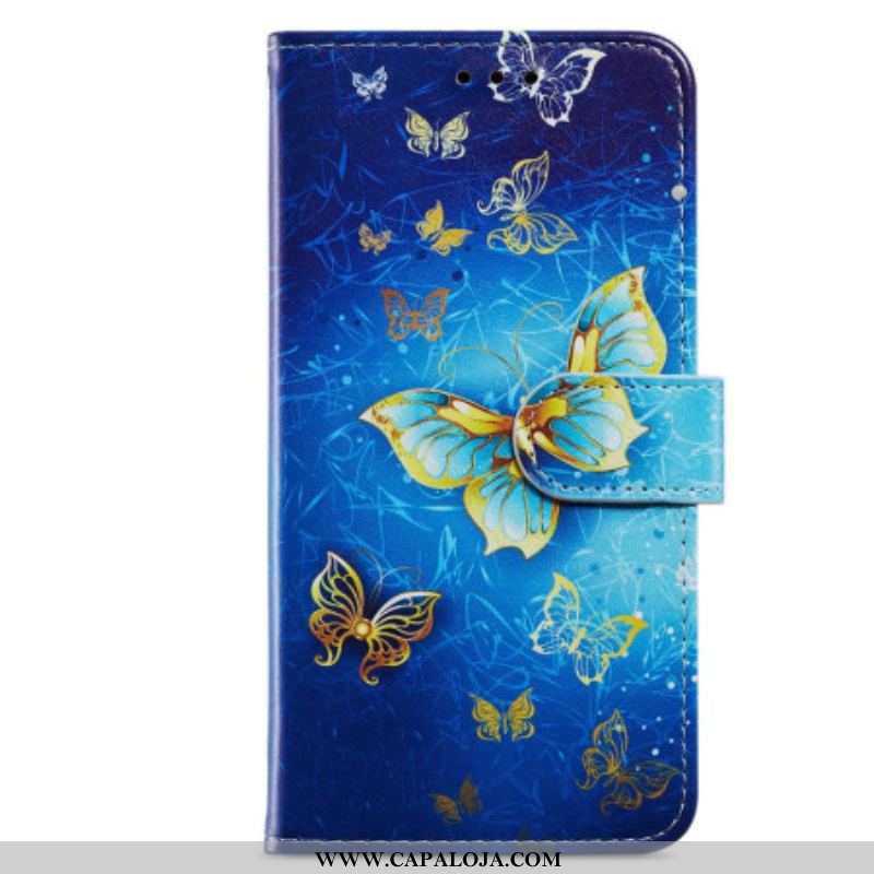 Capa De Couro Para Moto G73 5G De Cordão Borboletas Douradas Com Alça