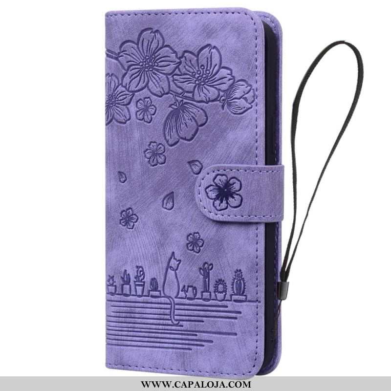 Capa De Couro Para Samsung Galaxy A14 / A14 5G De Cordão Fio Dental Floral Gato