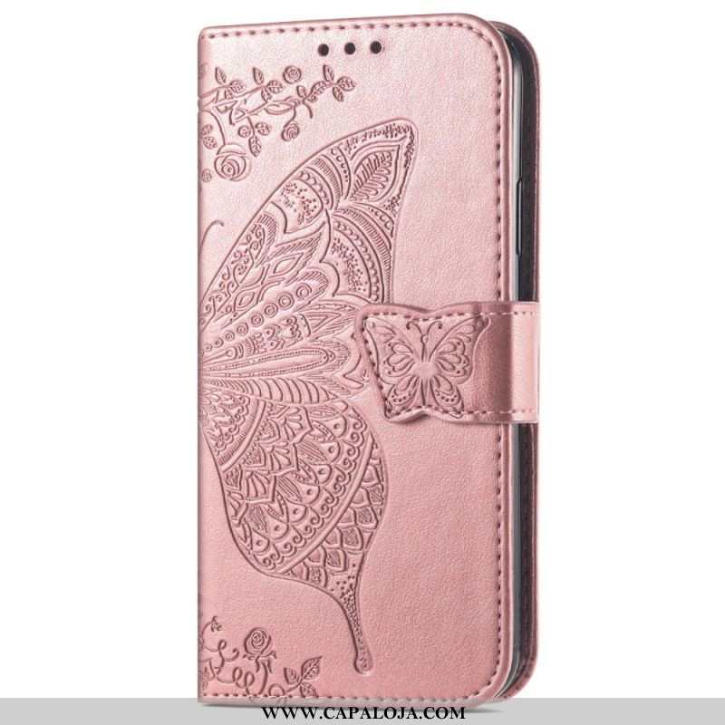 Capa De Couro Para Samsung Galaxy A54 5G Borboleta Barroca