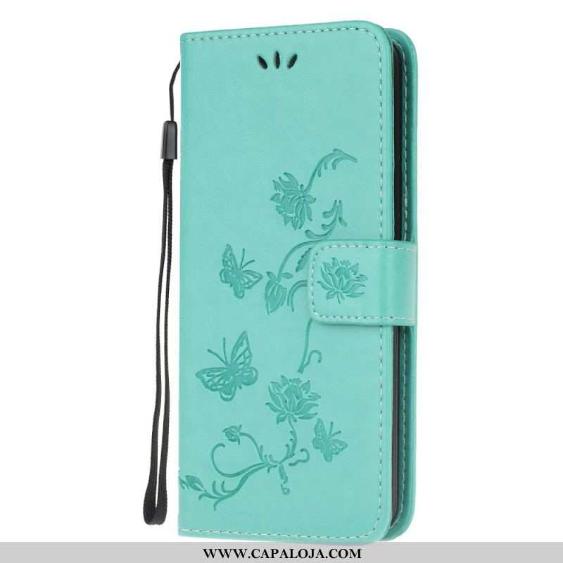 Capa De Couro Para Samsung Galaxy M32 De Cordão Flores De Alça