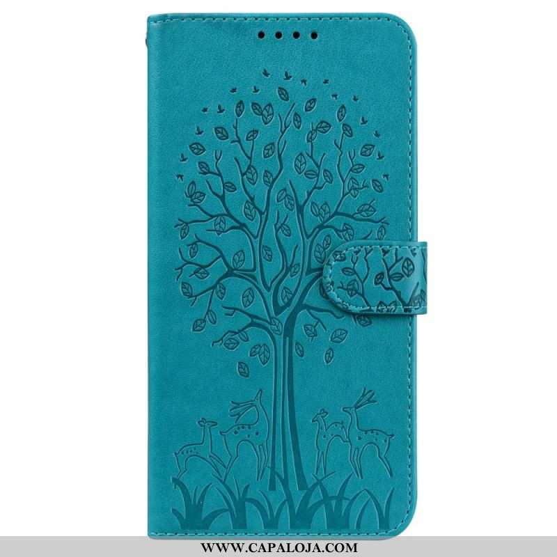 Capa De Couro Para Samsung Galaxy S22 5G Árvore E Veado