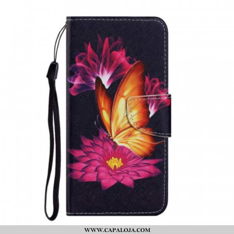 Capa De Couro Para Samsung Galaxy S22 Ultra 5G Borboleta E Lótus