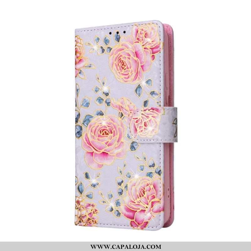 Capa De Couro Para Samsung Galaxy S23 5G Flores Rfid Com Cordão