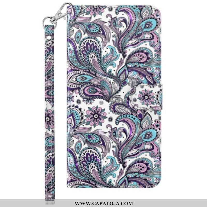 Capa De Couro Para Samsung Galaxy S23 Plus 5G De Cordão Padrão Strappy Paisley