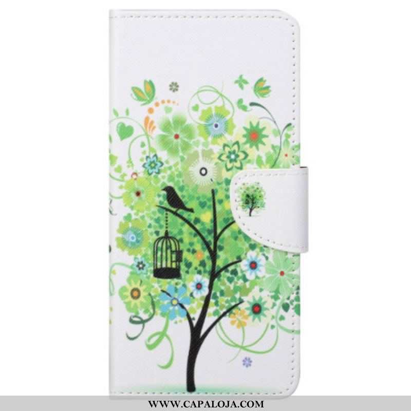 Capa De Couro Para Samsung Galaxy S23 Ultra 5G Árvore Com Folhagem Verde