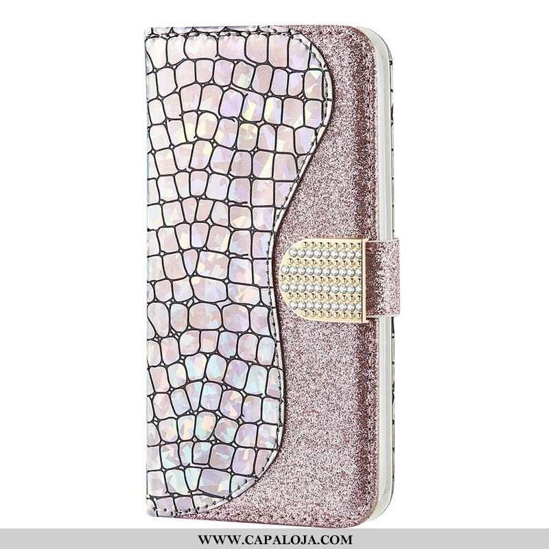 Capa De Couro Para iPhone 13 Mini Diamantes De Crocodilo