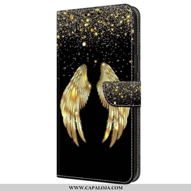 Capa De Couro Para iPhone 15 Pro Asas Douradas