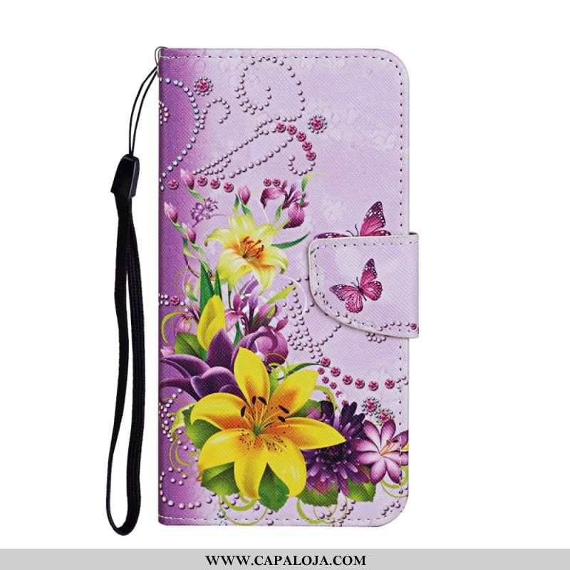 Capa Em Pele Para Samsung Galaxy A54 5G Borboletas Magistrais Com Cordão