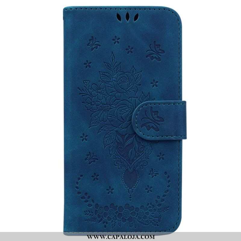 Capa Em Pele Para Samsung Galaxy M13 De Cordão Strappy Rosas E Borboletas