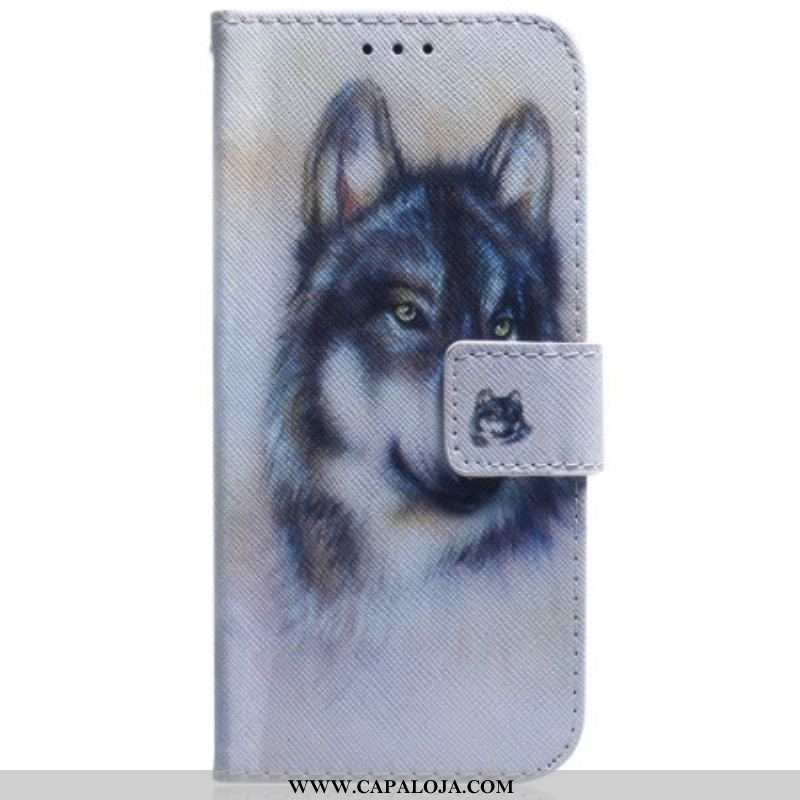 Capa Em Pele Para Samsung Galaxy S23 5G Aquarela Lobo