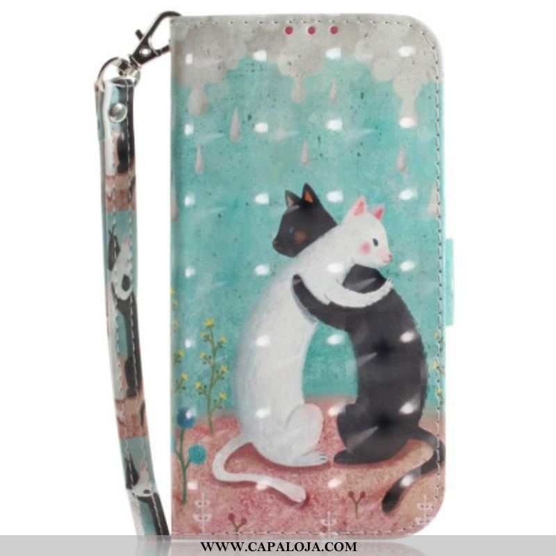 Capa Em Pele Para Samsung Galaxy S23 Ultra 5G De Cordão Gato Branco Gato Preto Com Alça