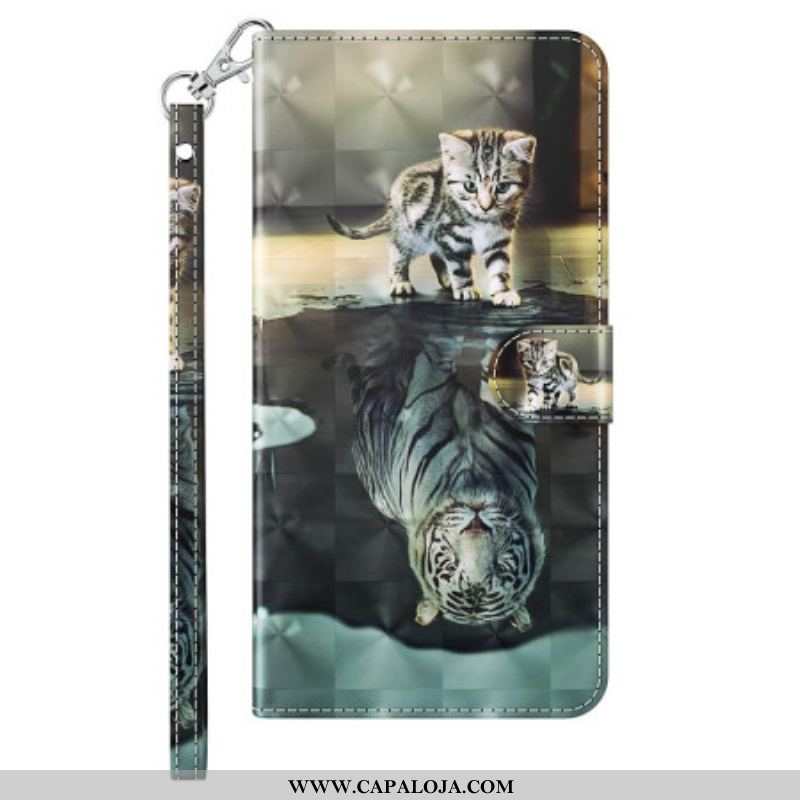 Capa Em Pele Para iPhone 15 Plus De Cordão Sonho De Gatinho 3d Com Alça