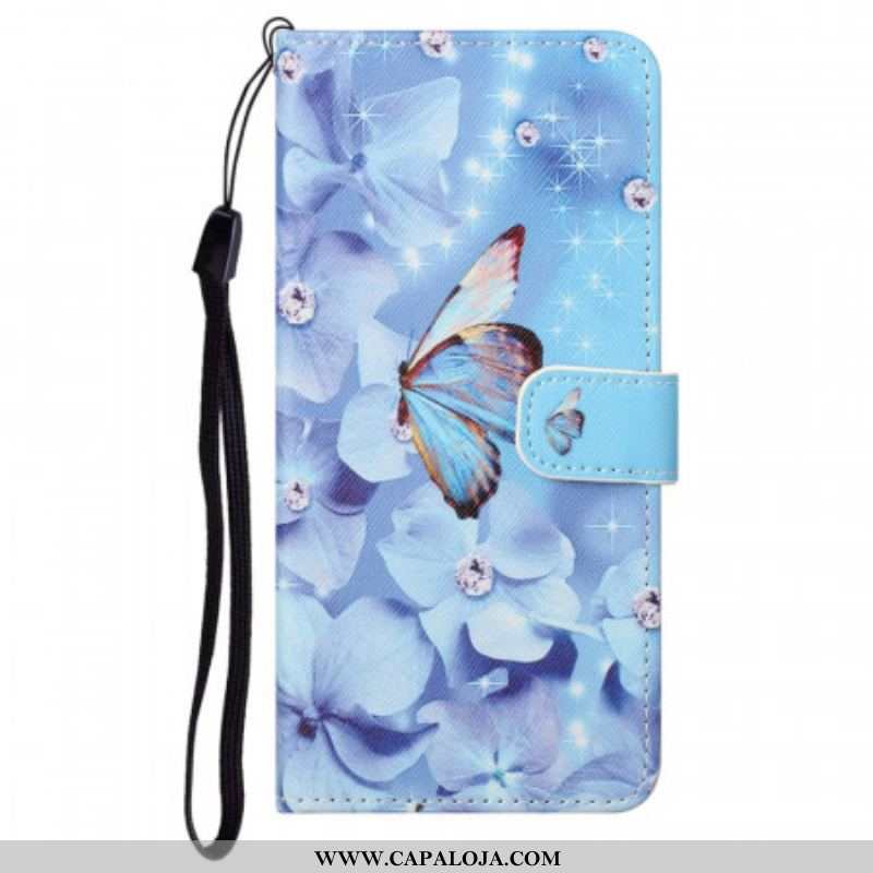 Capa Flip Para Moto G71 5G De Cordão Borboletas Strappy Diamond