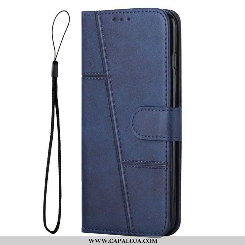 Capa Flip Para Moto G73 5G De Cordão Linhas De Alças Com Efeito De Couro