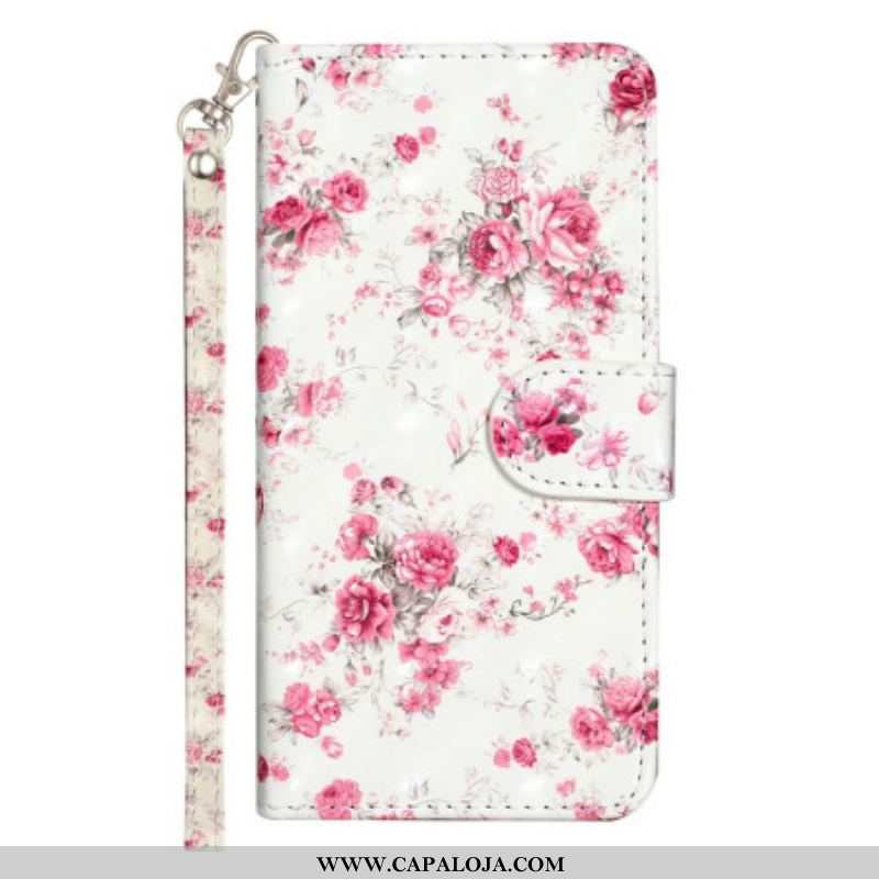 Capa Flip Para Samsung Galaxy A14 / A14 5G De Cordão Flores Da Liberdade Da Correia