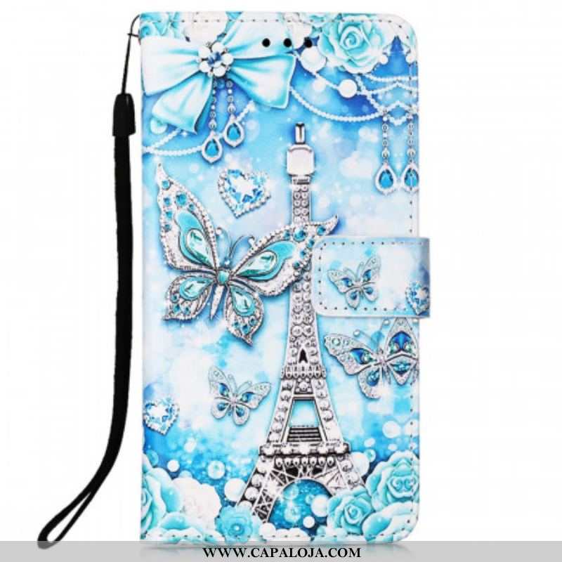 Capa Flip Para Samsung Galaxy A53 5G De Cordão Correia Borboleta Torre Eiffel