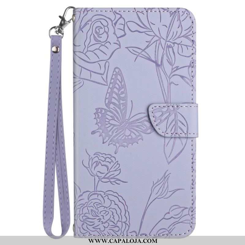 Capa Flip Para Samsung Galaxy M33 5G Borboletas Discretas E Cordão