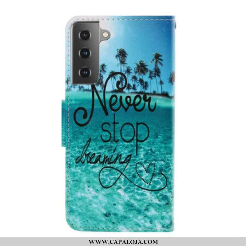 Capa Flip Para Samsung Galaxy S21 Plus 5G De Cordão Nunca Pare De Sonhar Com Strappy Navy