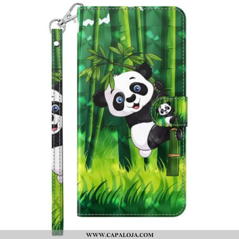 Capa Flip Para Samsung Galaxy S23 Ultra 5G De Cordão Bambu Panda Com Cordão