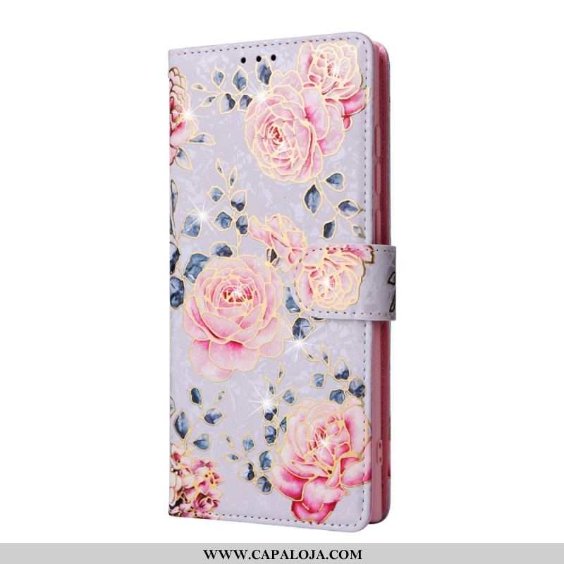 Capa Flip Para Samsung Galaxy S23 Ultra 5G Flores Rfid Com Cordão