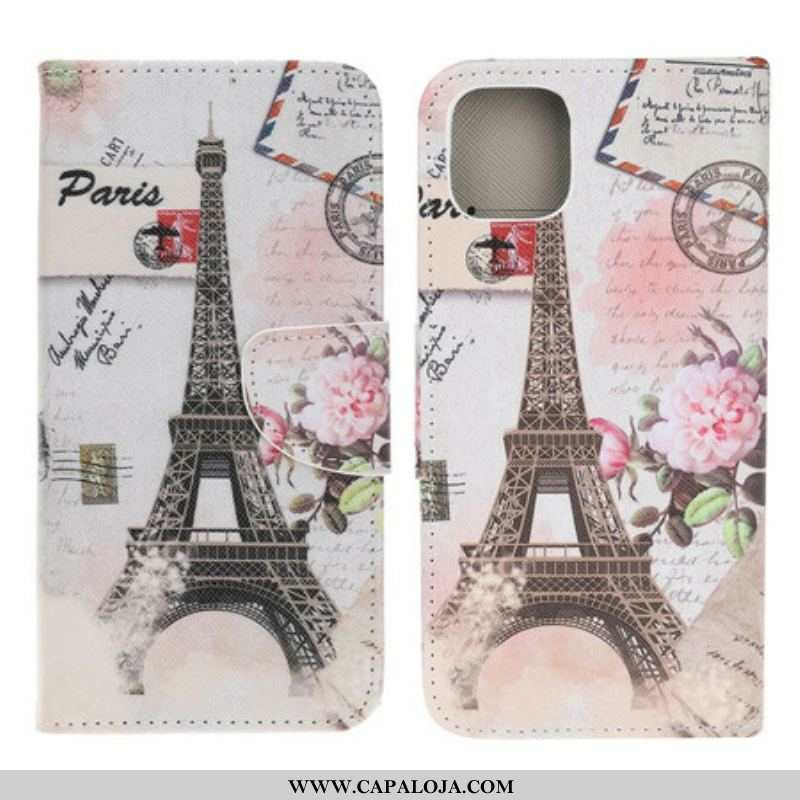 Capa Flip Para iPhone 13 Mini Torre Eiffel Retrô