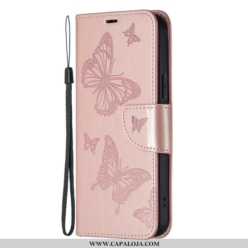 Capa Flip Para iPhone 13 Pro Max De Couro Borboletas E Aba Oblíqua