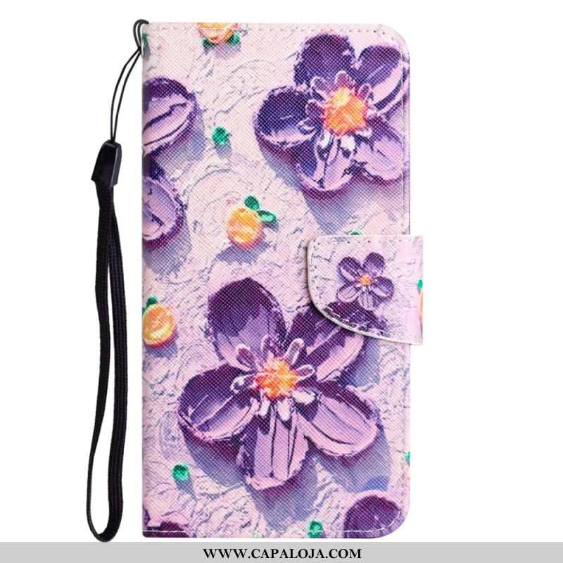 Capa Flip Para iPhone 15 De Cordão Variação Floral Com Alça