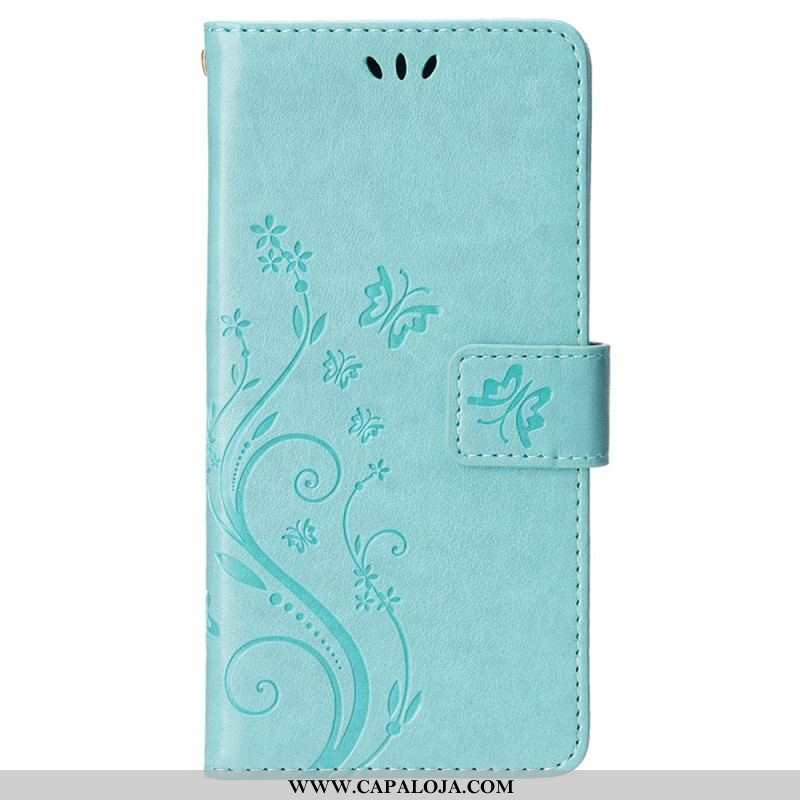 Capa Flip Para iPhone 15 Plus Flores E Borboletas