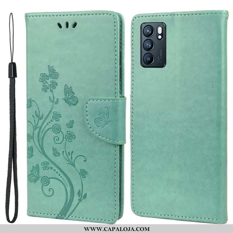 Capa Folio Para Oppo Reno 6 5G Borboletas E Flores