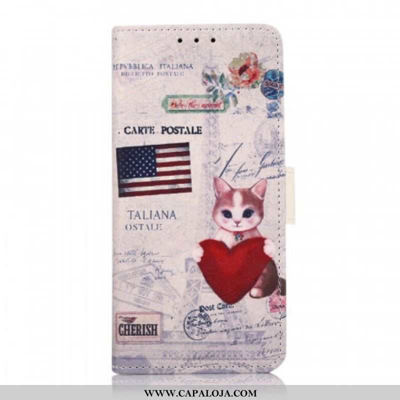 Capa Folio Para Samsung Galaxy M32 Gato Viajante