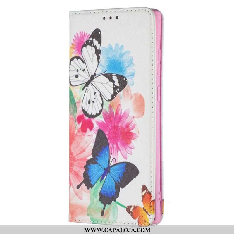 Capa Folio Para Samsung Galaxy S22 Ultra 5G Borboletas E Flores Pintadas