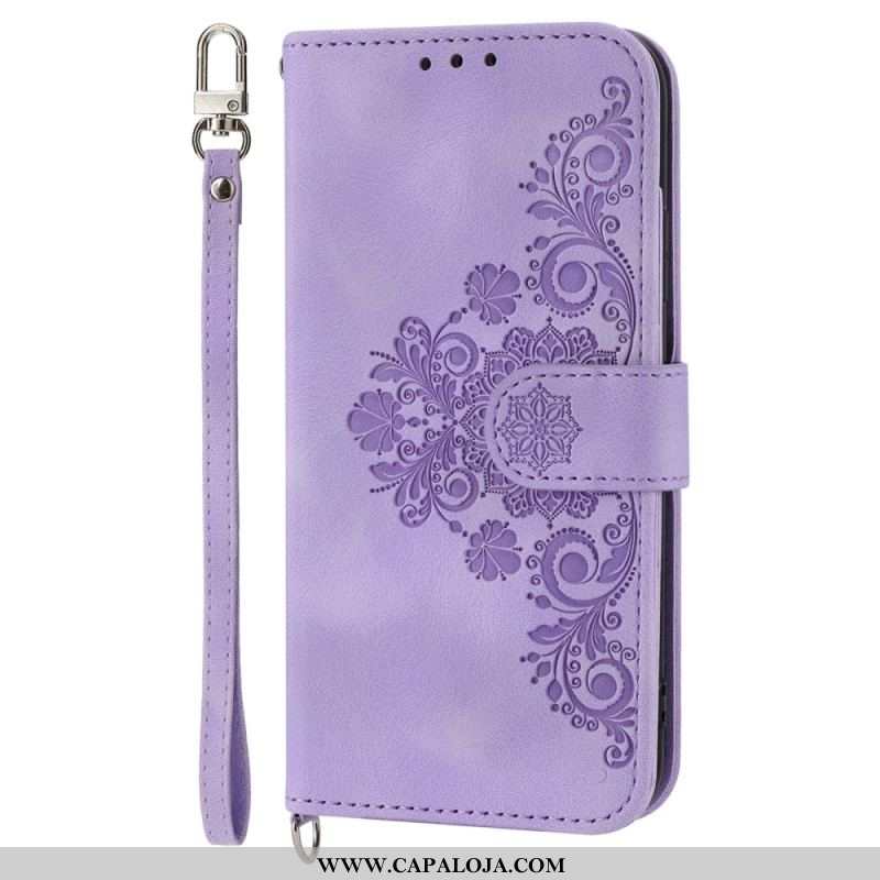 Capa Folio Para Xiaomi 13 Pro Flores De Renda Com Alça E Alça De Ombro