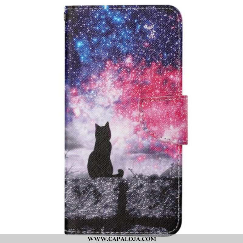 Capa Folio Para iPhone 15 De Cordão Gato Ao Luar Com Alça