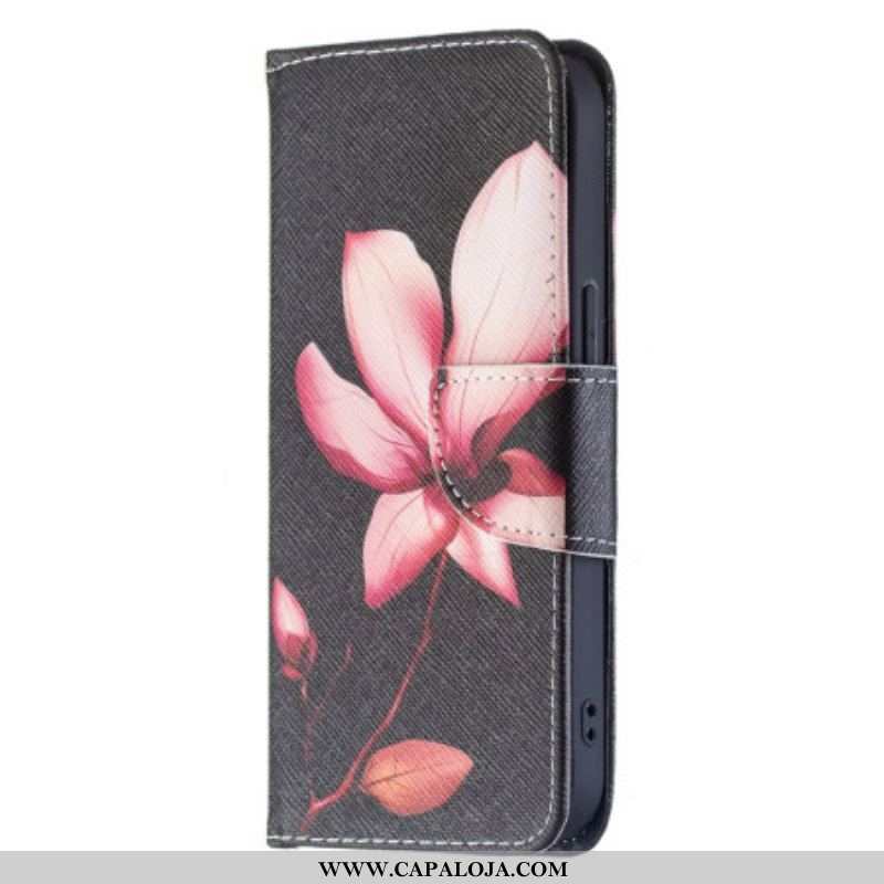 Capa Folio Para iPhone 15 Flor Rosa Em Fundo Preto