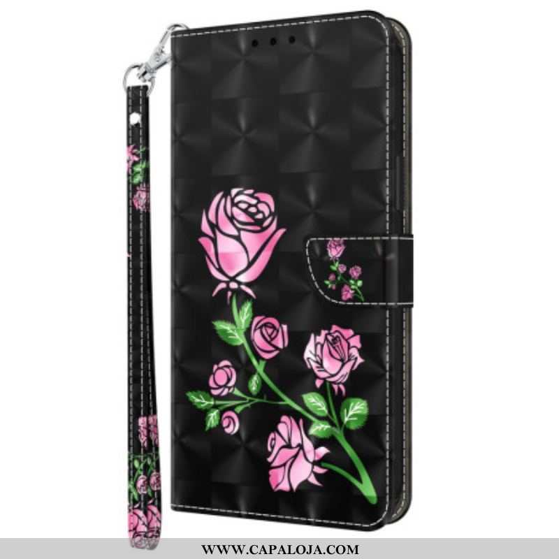 Capa Folio Para iPhone 15 Pro De Cordão Cinta Rosas