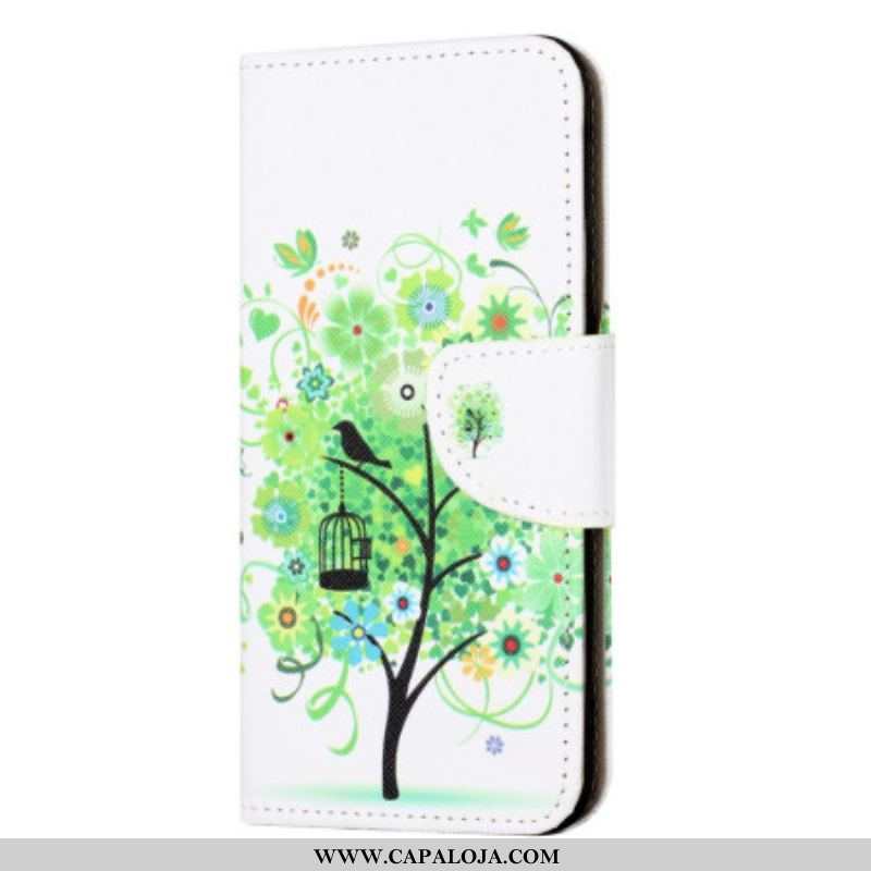 Capa Folio Para iPhone 15 Árvore Com Folhagem Verde