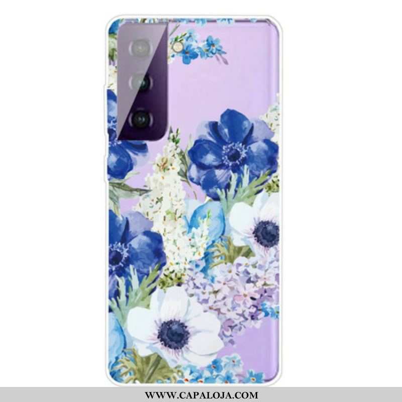 Capa Para Samsung Galaxy S21 FE Aquarela Flores Azuis