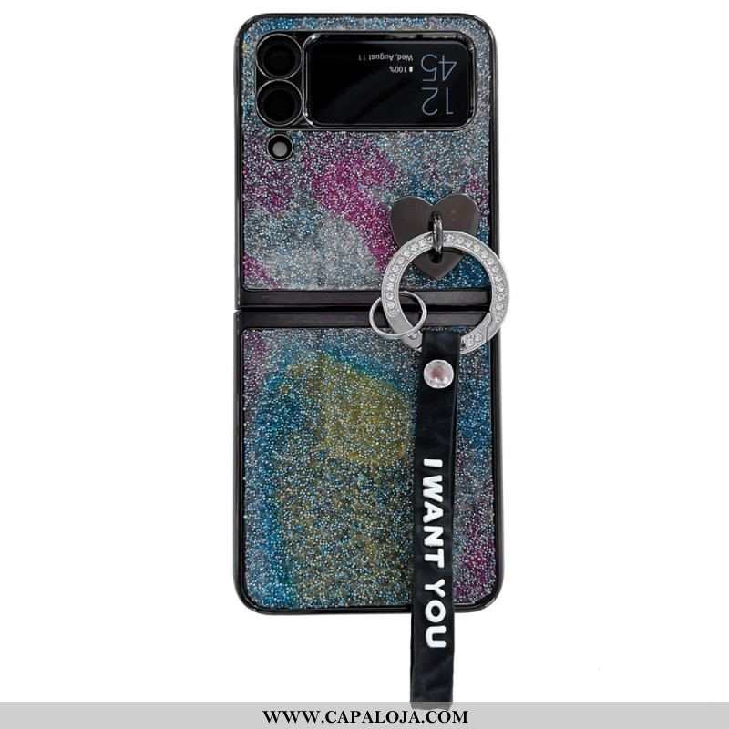 Capa Para Samsung Galaxy Z Flip 3 5G De Couro Amuletos De Lantejoulas E Cordão