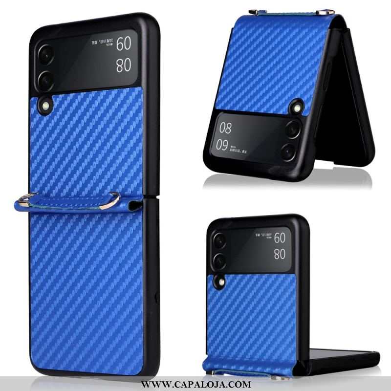 Capa Para Samsung Galaxy Z Flip 3 5G De Couro Fibra De Carbono Com Cordão