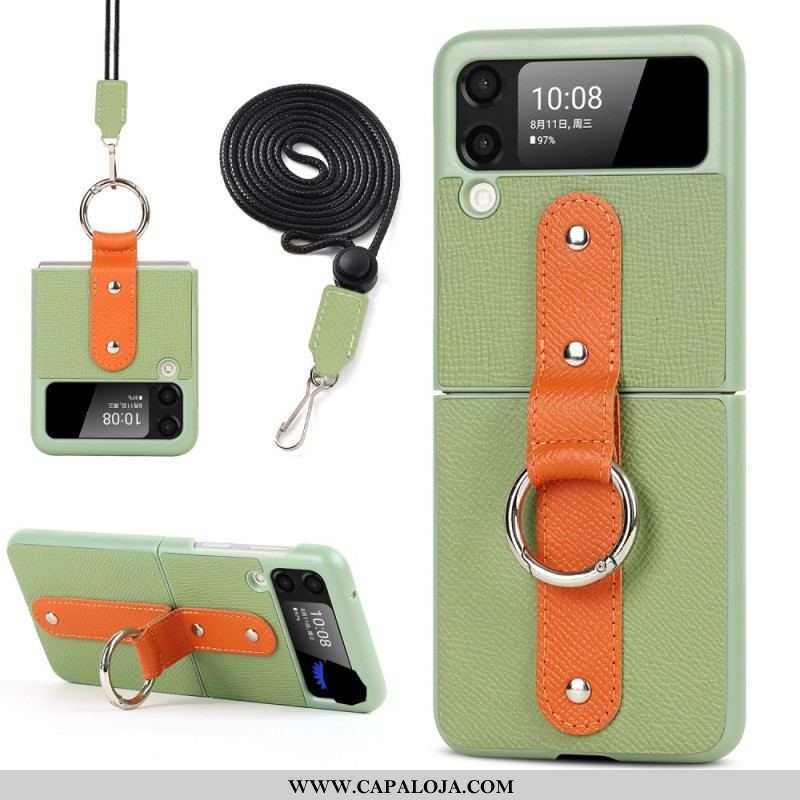 Capa Para Samsung Galaxy Z Flip 3 5G De Couro Porta-anel E Cordão