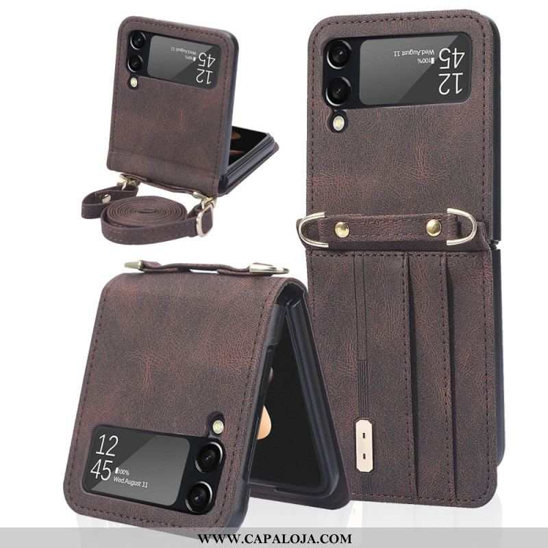 Capa Para Samsung Galaxy Z Flip 3 5G De Couro Porta-cartões Estilo Couro E Cordão
