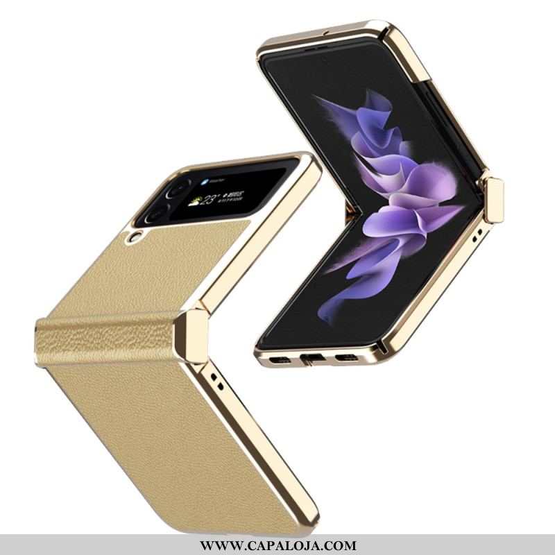 Capa Para Samsung Galaxy Z Flip 4 De Couro Bordas De Metal De Couro De Lichia