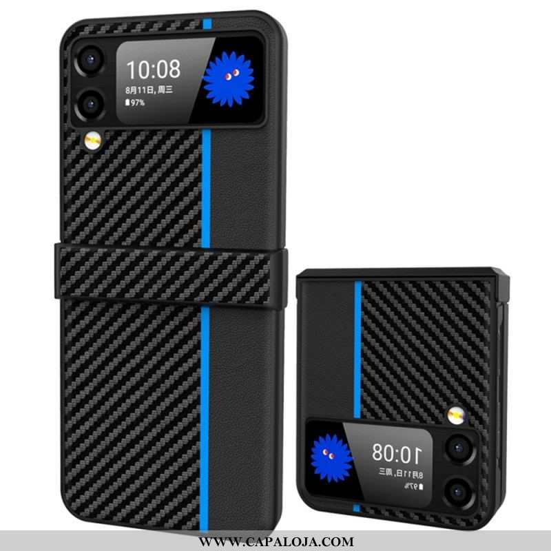 Capa Para Samsung Galaxy Z Flip 4 De Couro Dobradiça Lateral Para Borda De Fibra De Carbono