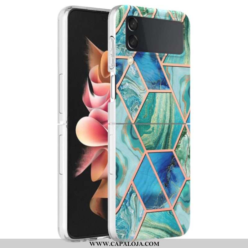 Capa Para Samsung Galaxy Z Flip 4 De Couro Mármore Geométrico