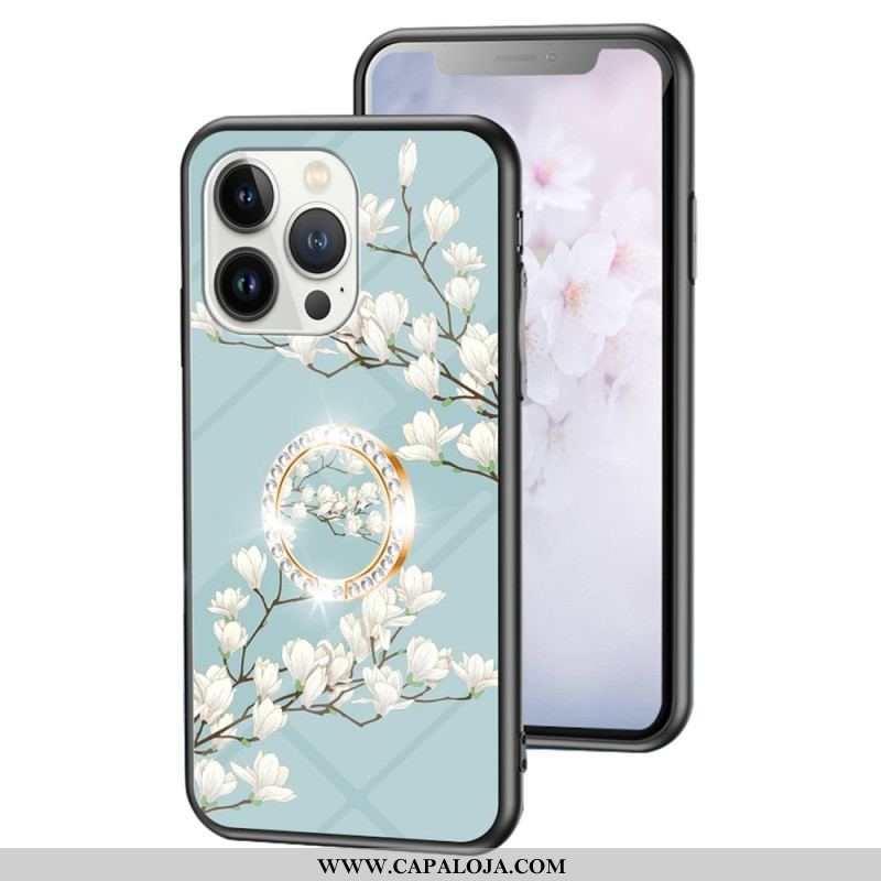 Capa Para iPhone 15 Pro Vidro Temperado Floral Com Anel De Suporte